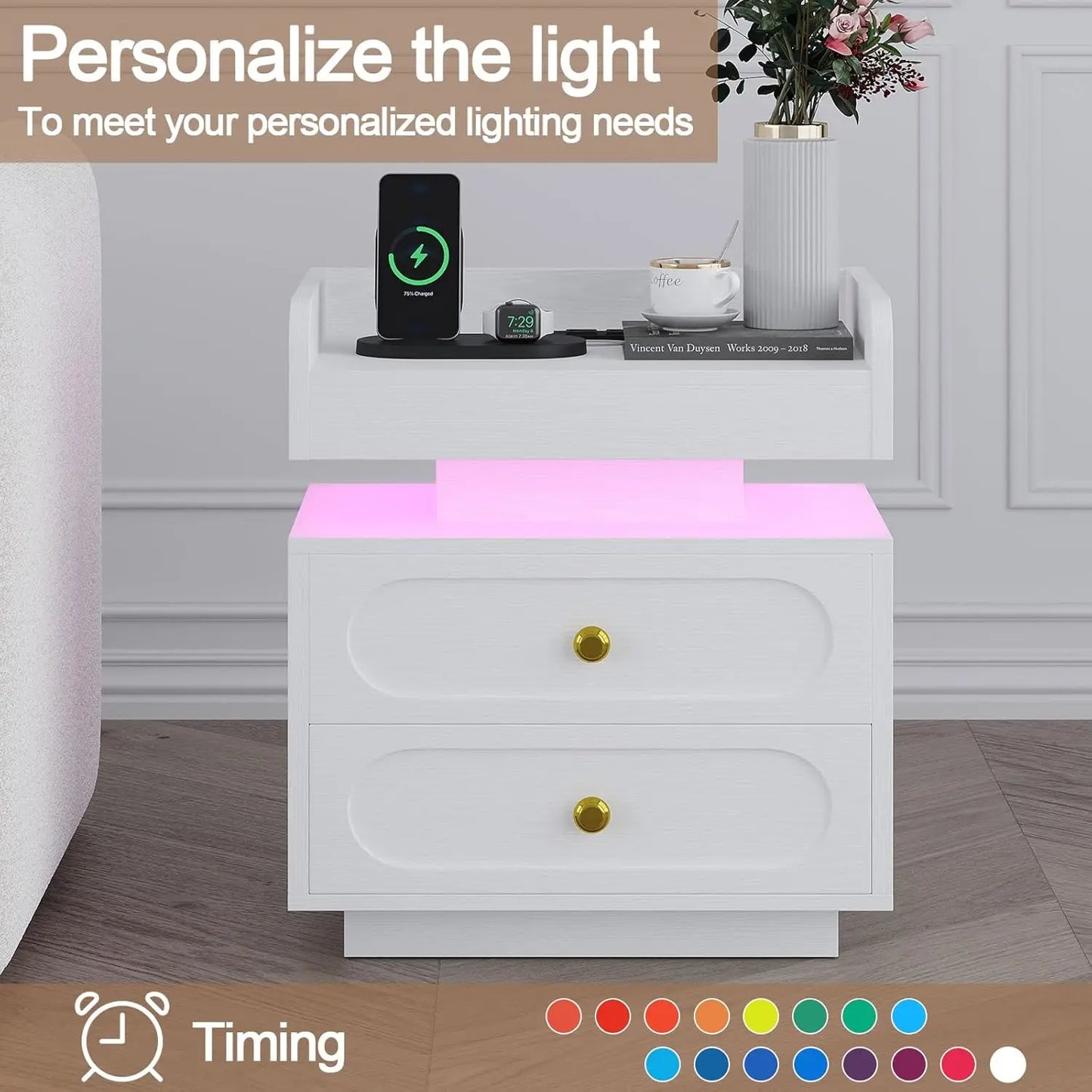 White Nightstand with Adjustable LED Lights and Charging Station Modern Bedside Table with 2 Drawers End Table for, Customized
