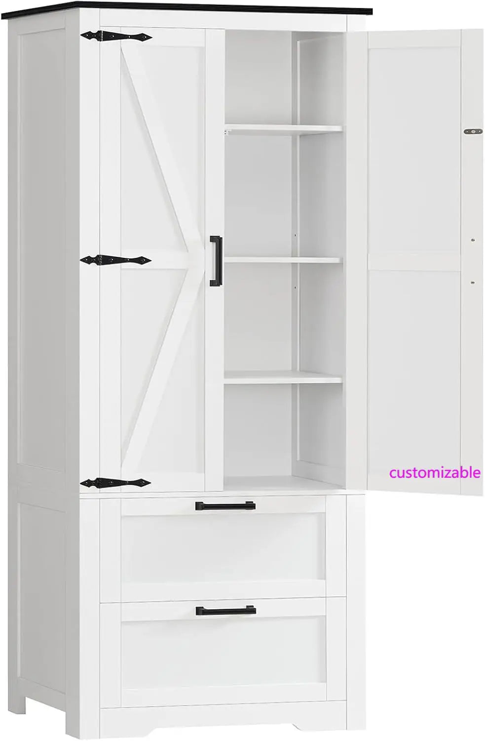 66.2" H Storage Cabinet with 2 Drawers, Farmhouse Kitchen Pantry Cabinet