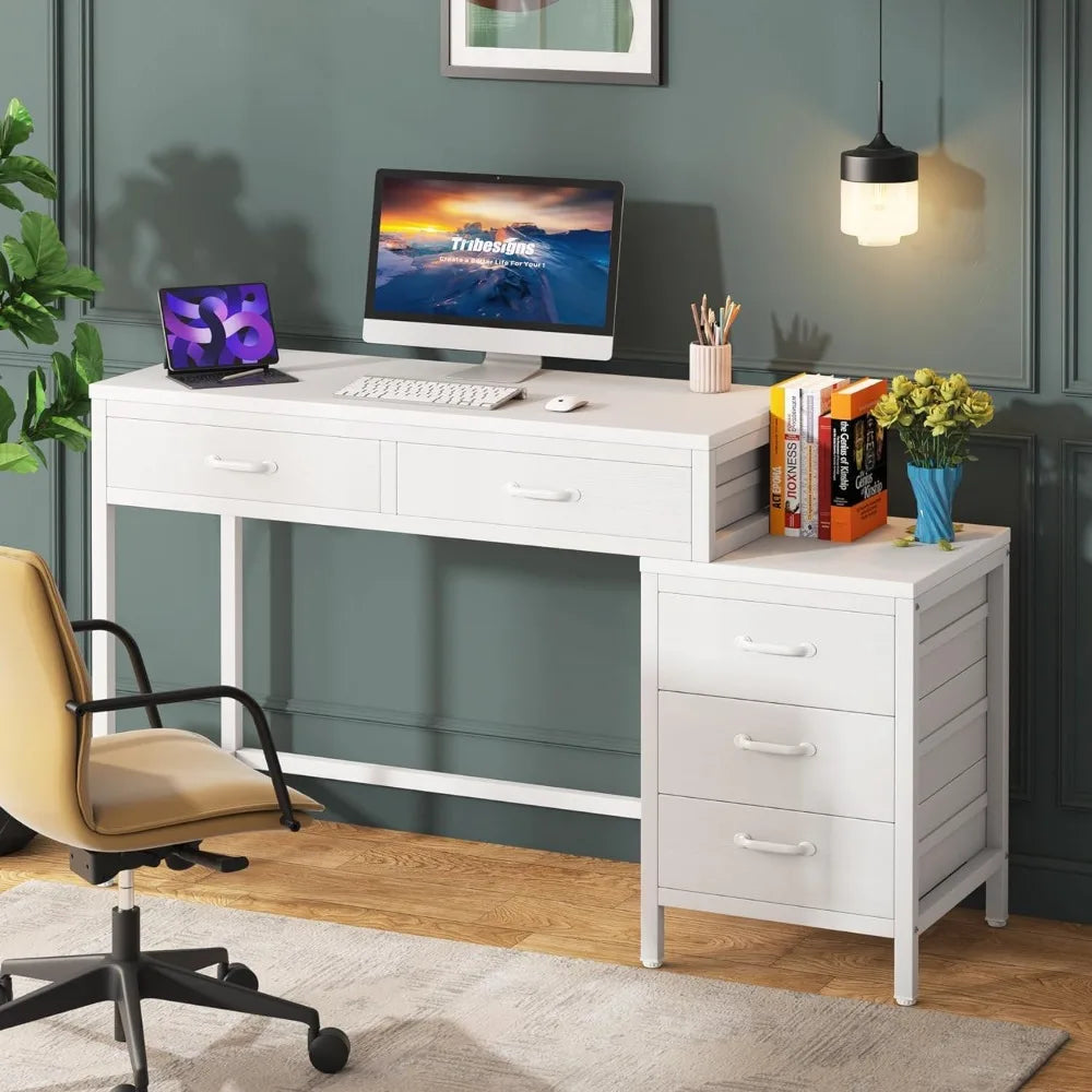 Computer Desk with 5 Drawers, Home Office Desks with Reversible Drawer Cabinet Printer Stand, Industrial PC Desk with Storage