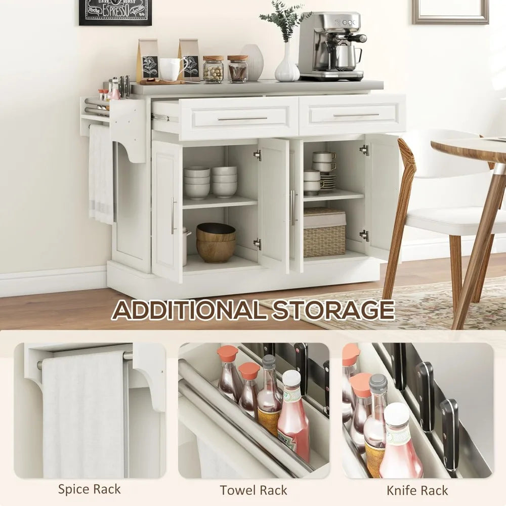 Rolling Kitchen Island Cart with Wheels, Portable Island Table for Kitchen with Stainless Steel Top, Adjustable Shelves