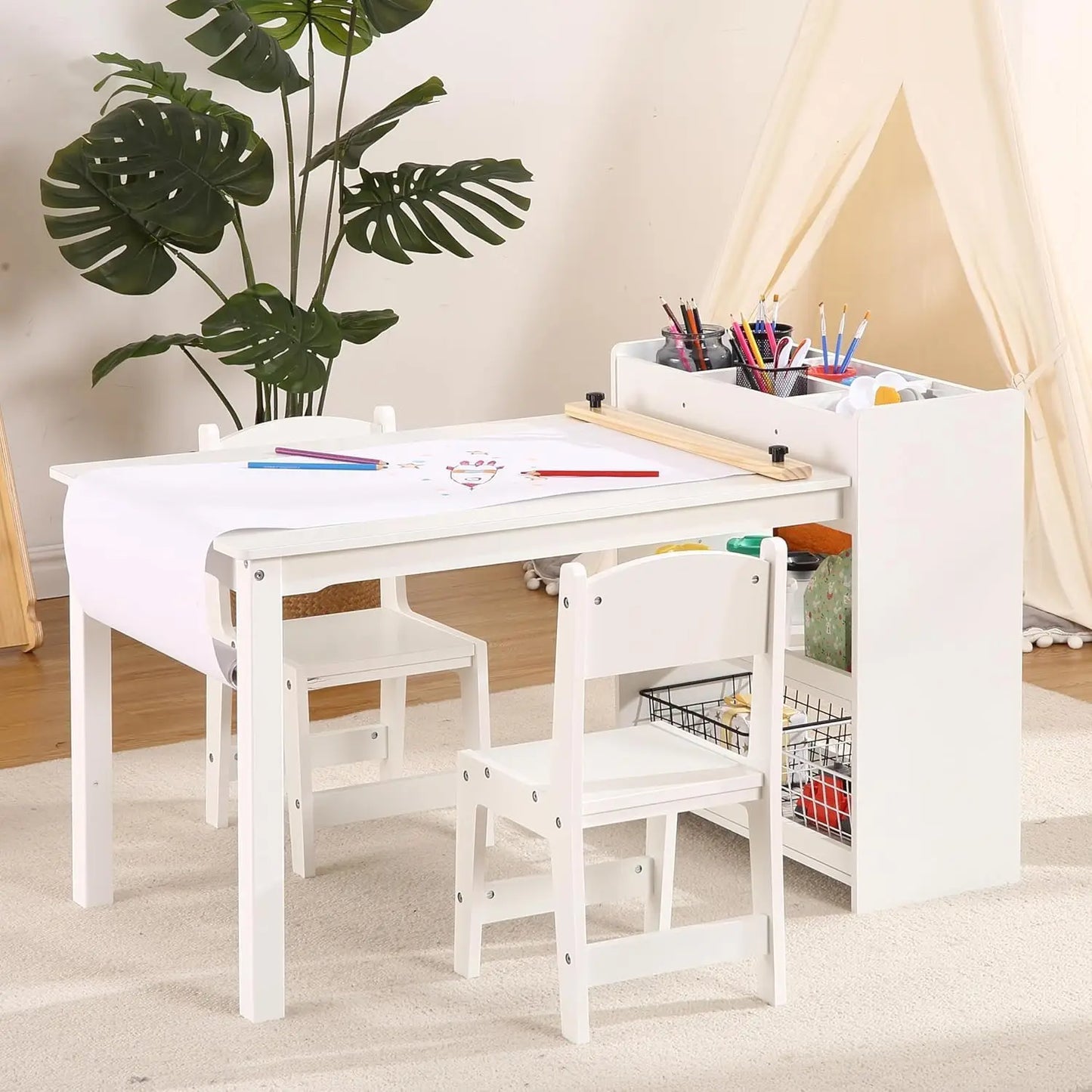 Kids Art Table with 2 Chairs, Toddler Craft Play Wood Activity Desk with Large Storage Shelves for Children's Writing Drawing