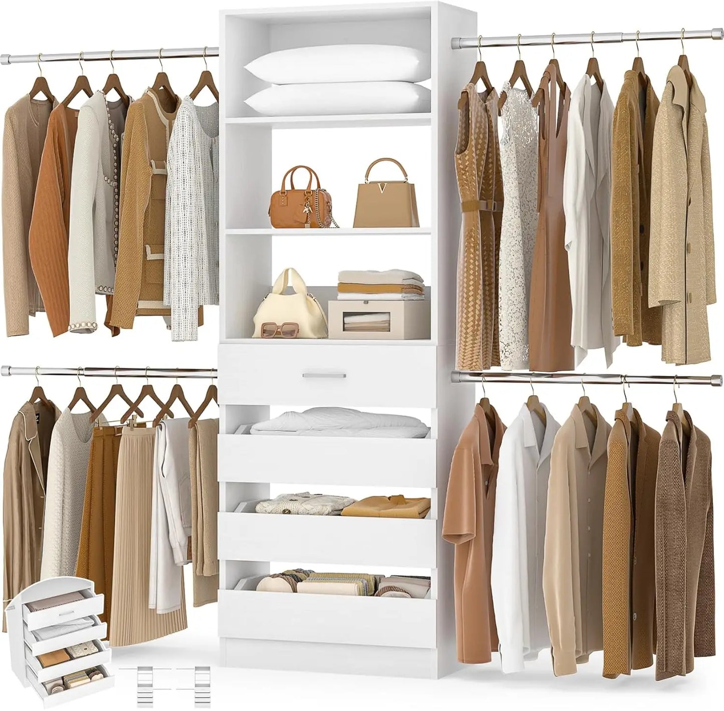 Closet System, 4-9Ft Closet Organizer with 4 Wooden Drawers, Wood Closet Organizer System with Tower, Walk-in, Customized