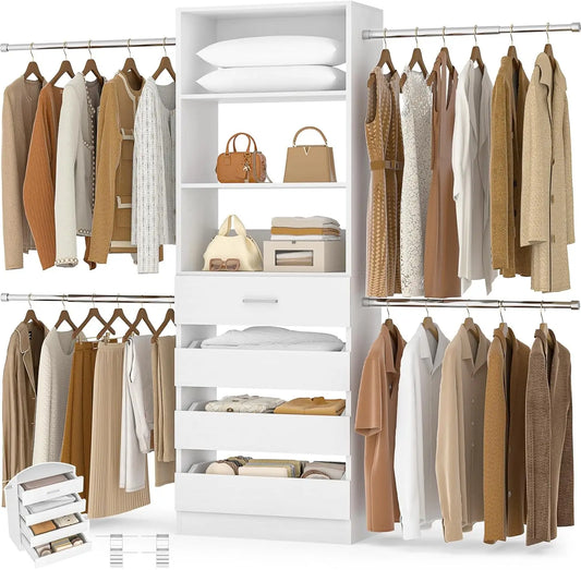 Closet System, 4-9Ft Closet Organizer with 4 Wooden Drawers, Wood Closet Organizer System with Tower, Walk-in, Customized