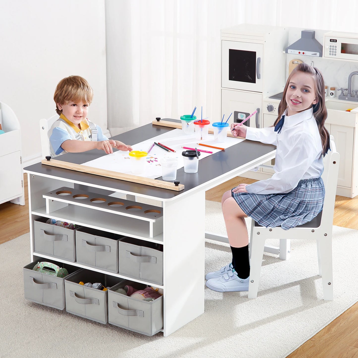 Kids Art Table and 2 Chairs,Toddler Craft and Play Wood Activity Table with Storage Bins, Drawing Desk, Study Table & Crafts for