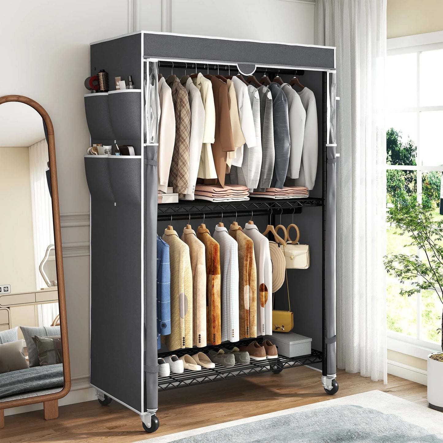EnHomee 45"W Heavy Duty Garment Rack with Cover – Double Rod, Adjustable Shelves & Casters, 440 LBS – Portable Closet for Hanging Clothes