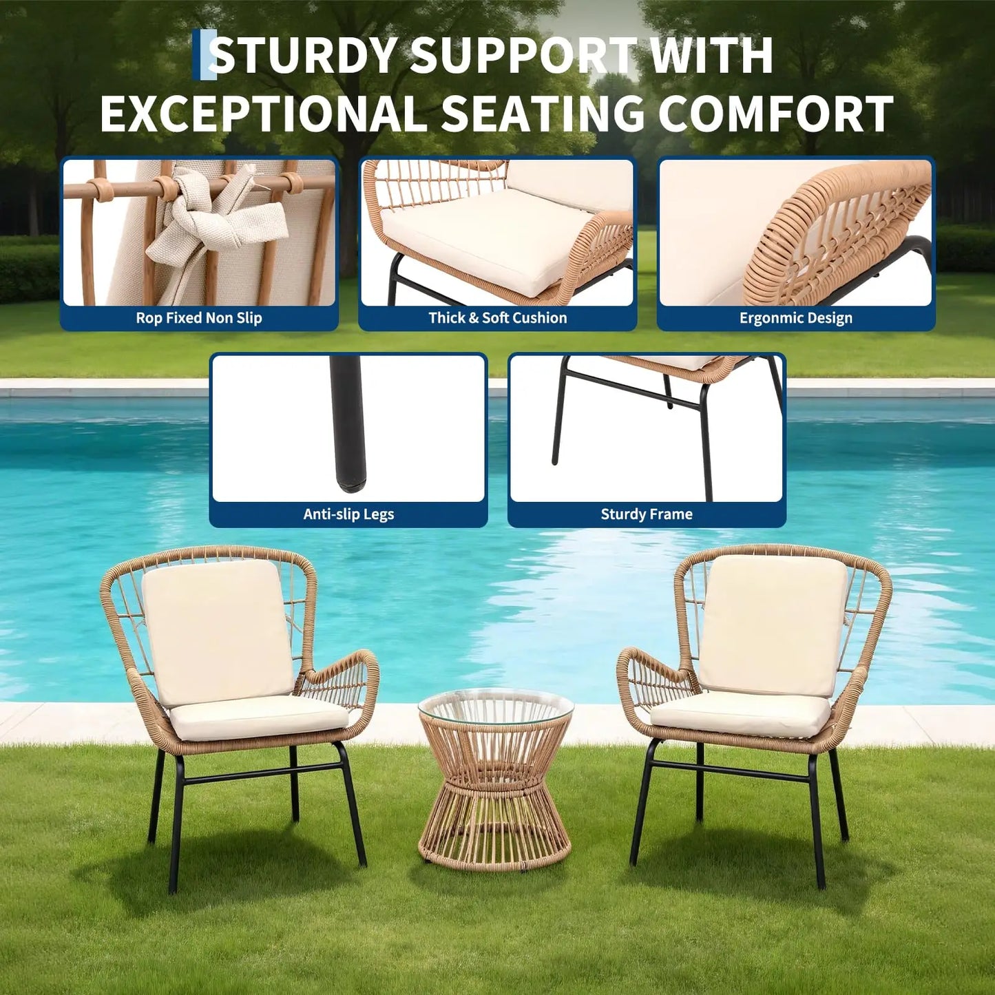 Boho 3PCS Patio Furniture Set, Outdoor PE Rattan Bistro Set With 2 Wide Cushioned Chairs & Glass Table For Deck Porch Poolside