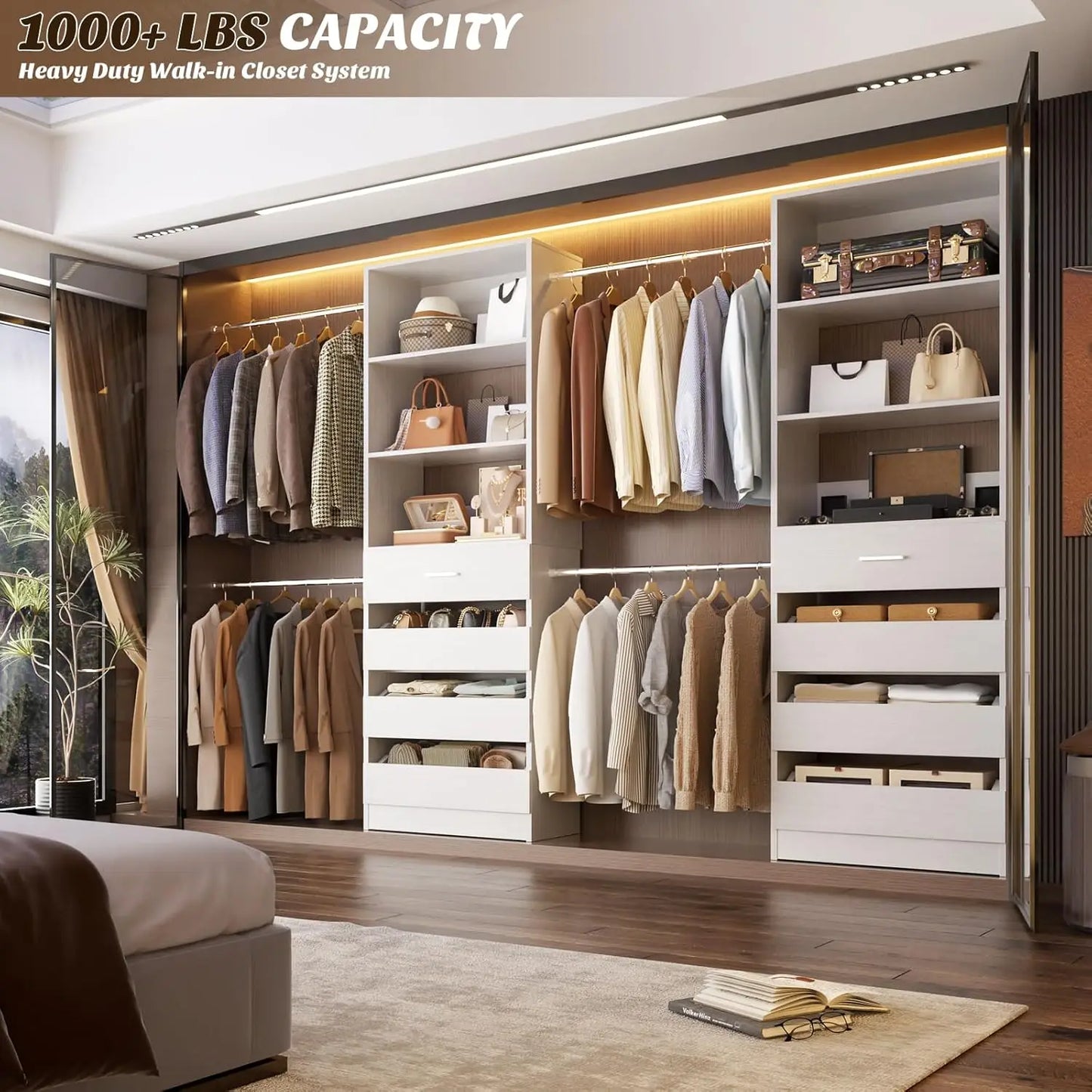 Closet System, 4-9Ft Closet Organizer with 4 Wooden Drawers, Wood Closet Organizer System with Tower, Walk-in, Customized