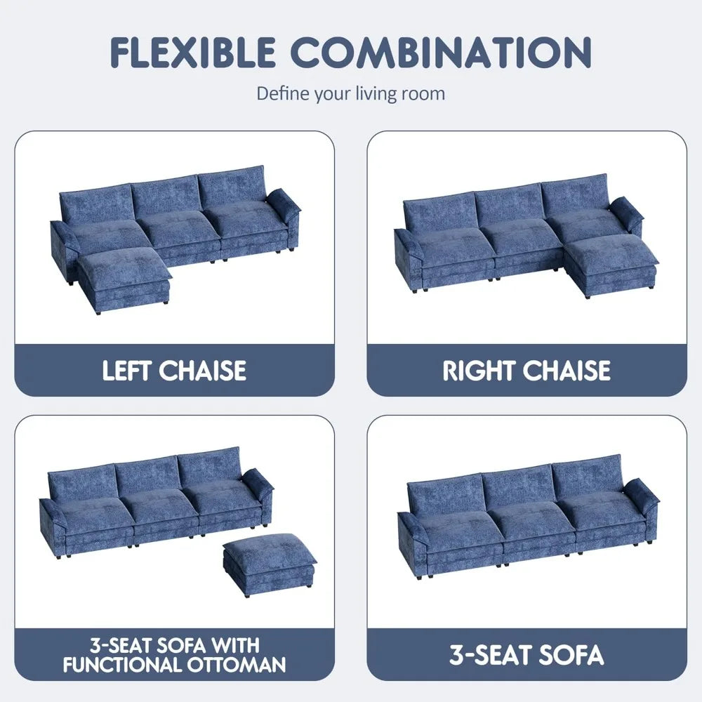 119 Modular Sectional Sofa, L Shaped Sofa Couch with Reversible Ottoman, DIY Combination Chenille Deep 3-Seat Cloud Couch