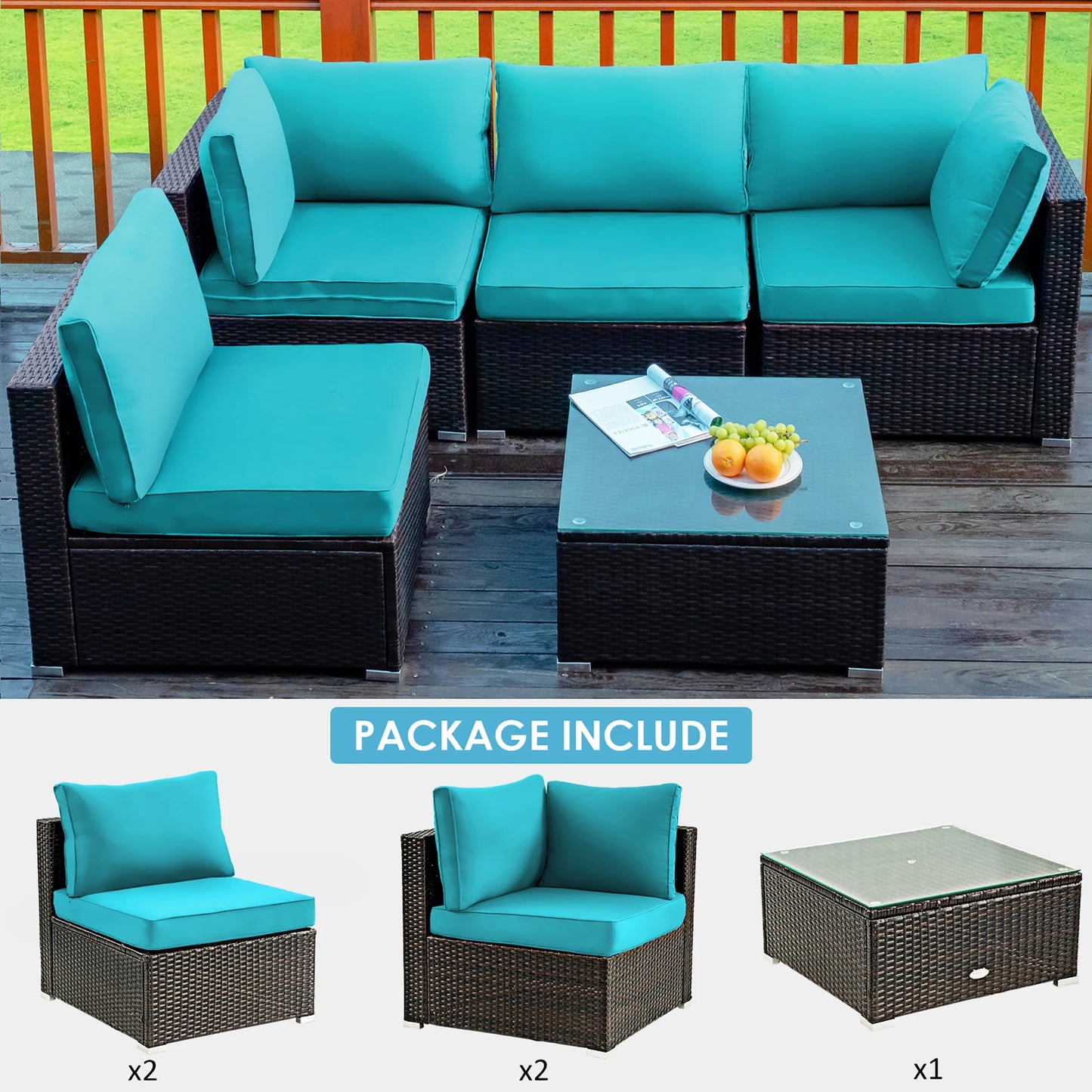 5PCS Patio Rattan Furniture Set Cushioned Sofa Chair TeaTableTurquoise