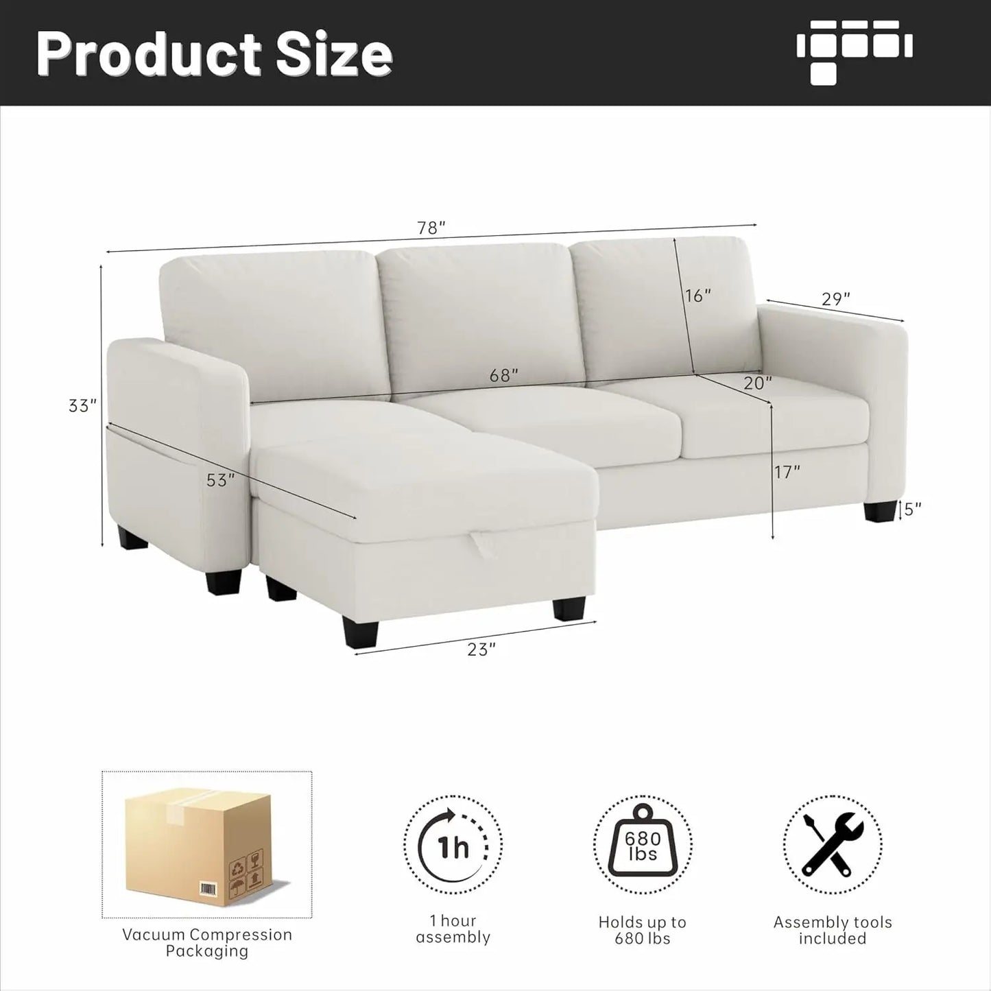 Sectional Sofa Couches for Living Room - 78''Convertible Modular Three-Seater L-Shaped Pet-Friendly Couch,Washable, Customized