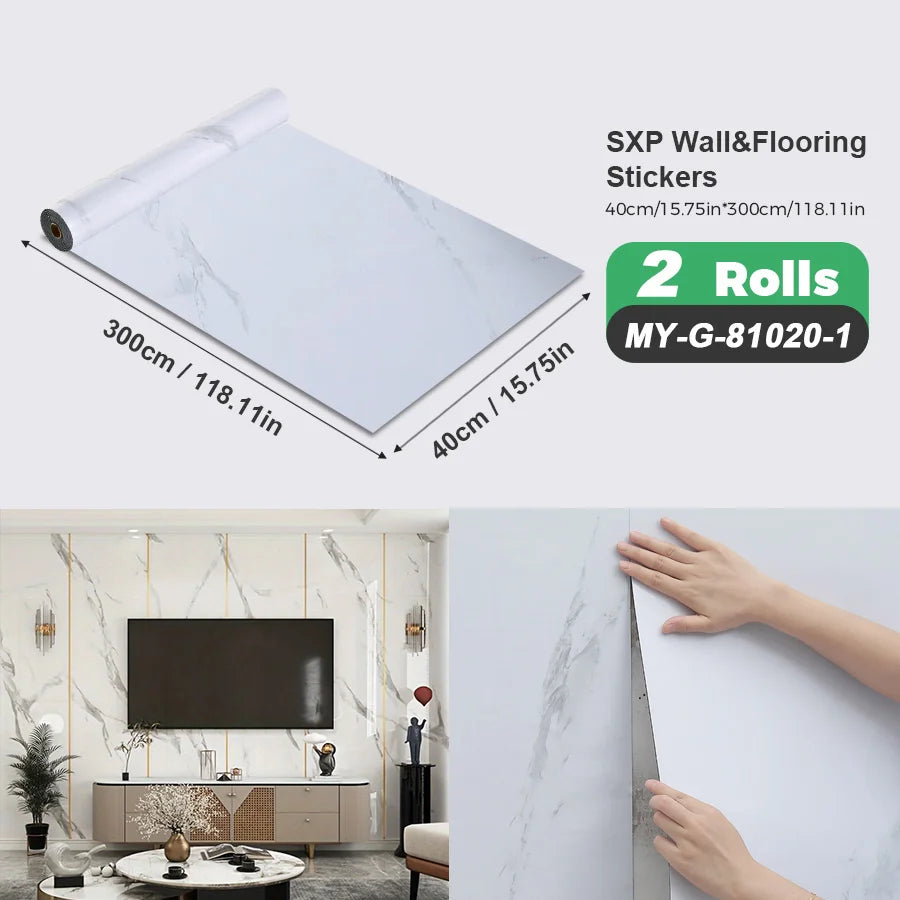 2 Rolls Self-Adhesive Wall and Floor Sticker Peel and Stick 15.75x118.11inch Wood Grain and Marble Design Wallpaper Sticker