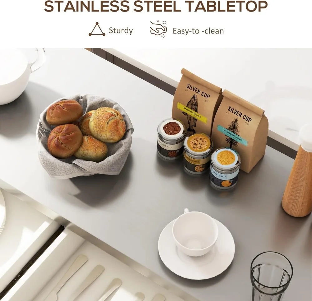 Rolling Kitchen Island Cart with Wheels, Portable Island Table for Kitchen with Stainless Steel Top, Adjustable Shelves