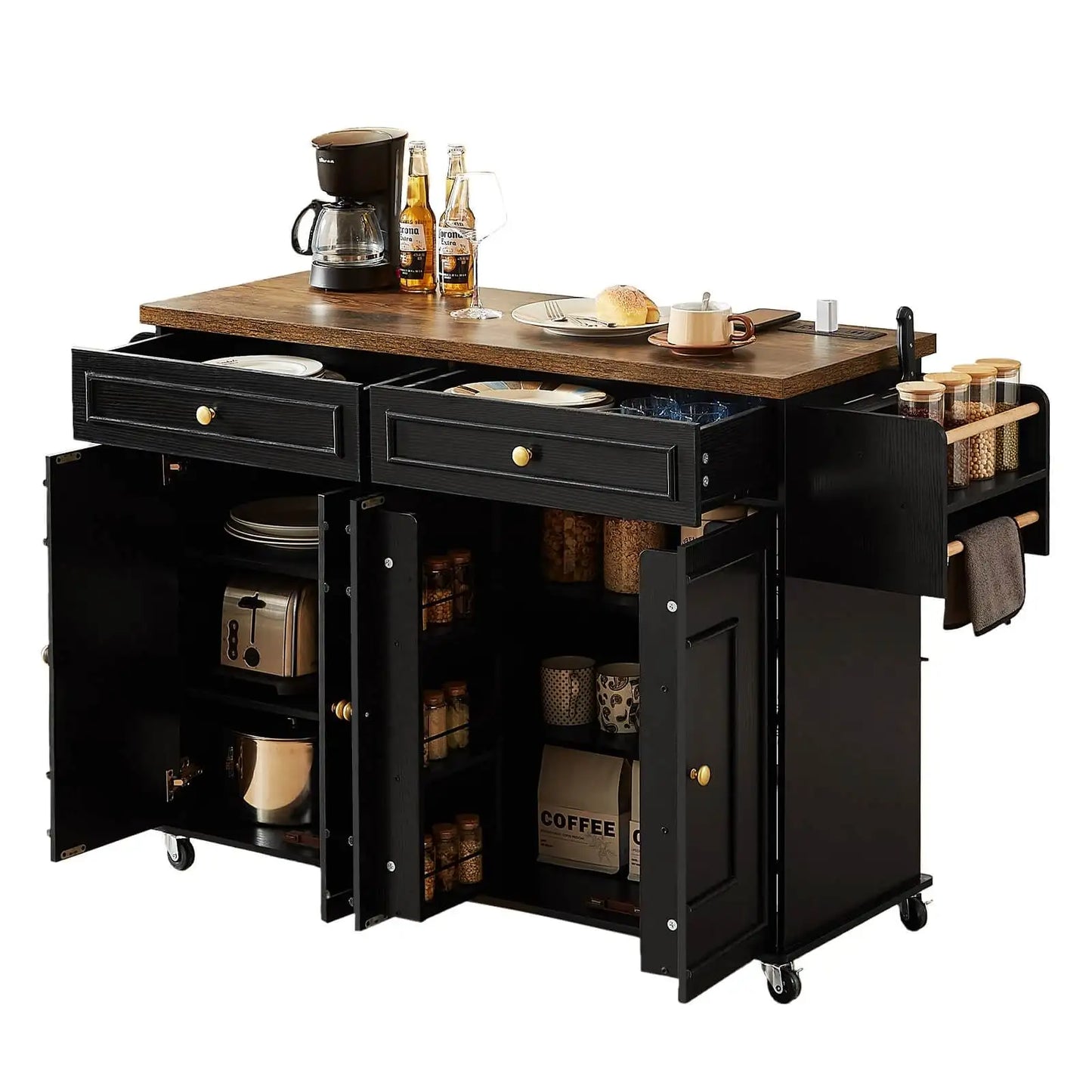 60" Mobile Kitchen Islands Rolling Trolleys Kitchen Island Table Drop Leaf Home Carts with Power Outlet Spice Towel Rack Trash