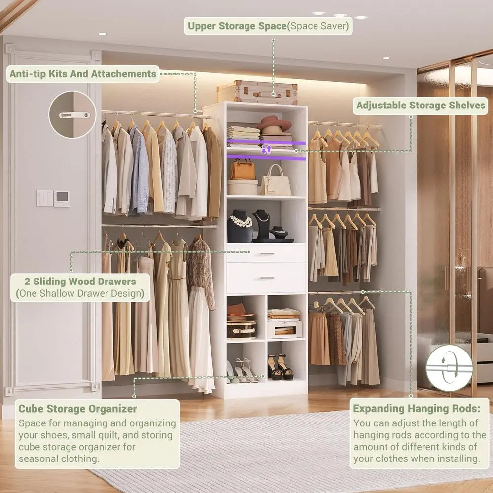 System, 48 FT Closet Organizer Tower with 2 Wooden Drawers and 5 Hanging Rods, Can Fit 60 to 96 inch Walkin Closet System, Whit