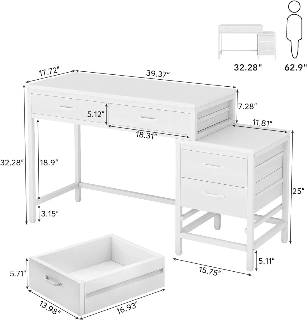 Computer Desk with 5 Drawers, Home Office Desks with Reversible Drawer Cabinet Printer Stand, Industrial PC Desk with Storage