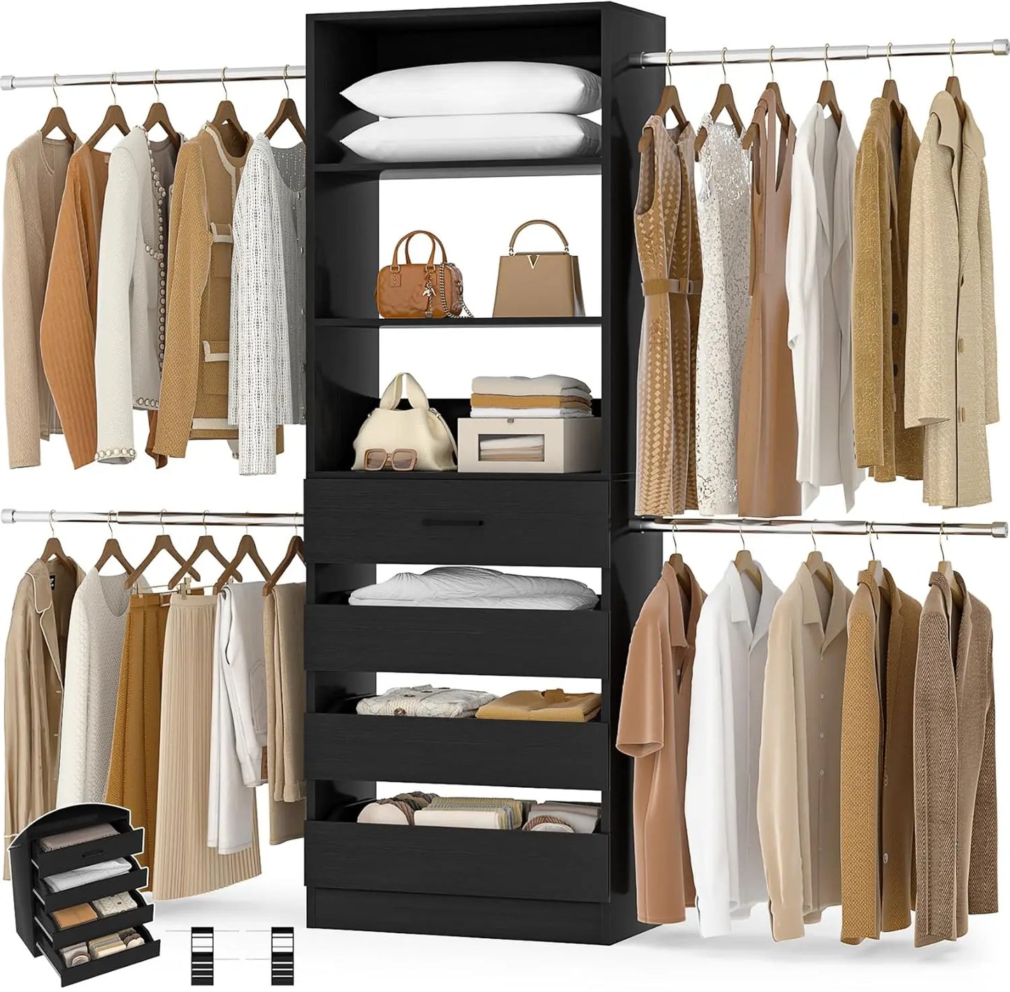Closet System, 4-9Ft Closet Organizer with 4 Wooden Drawers, Wood Closet Organizer System with Tower, Walk-in, Customized