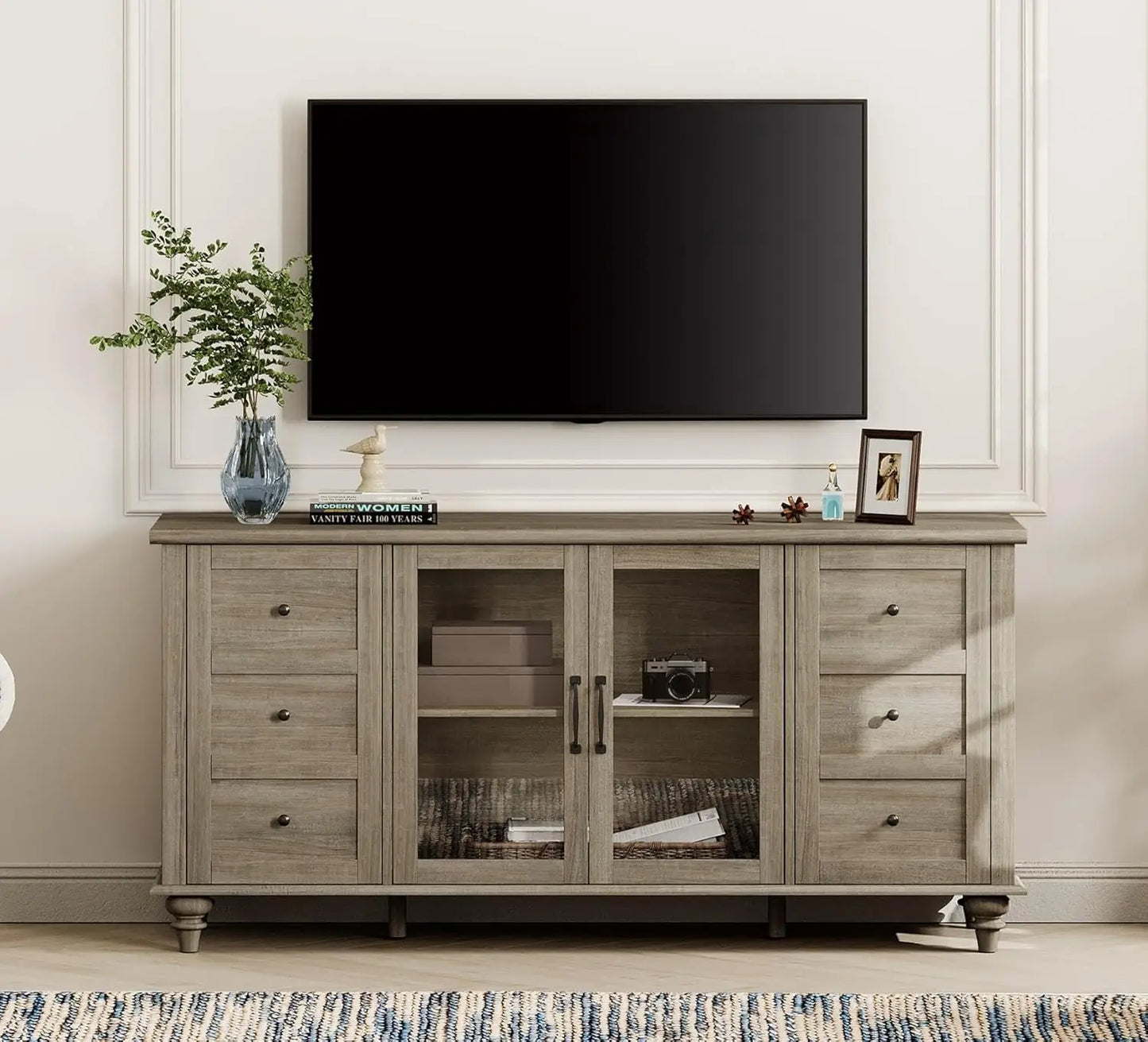 Farmhouse TV Stand for TVs up to 65 Inch Wood Console Table with Storage Cabinets And Glass Door Entertainment Customized