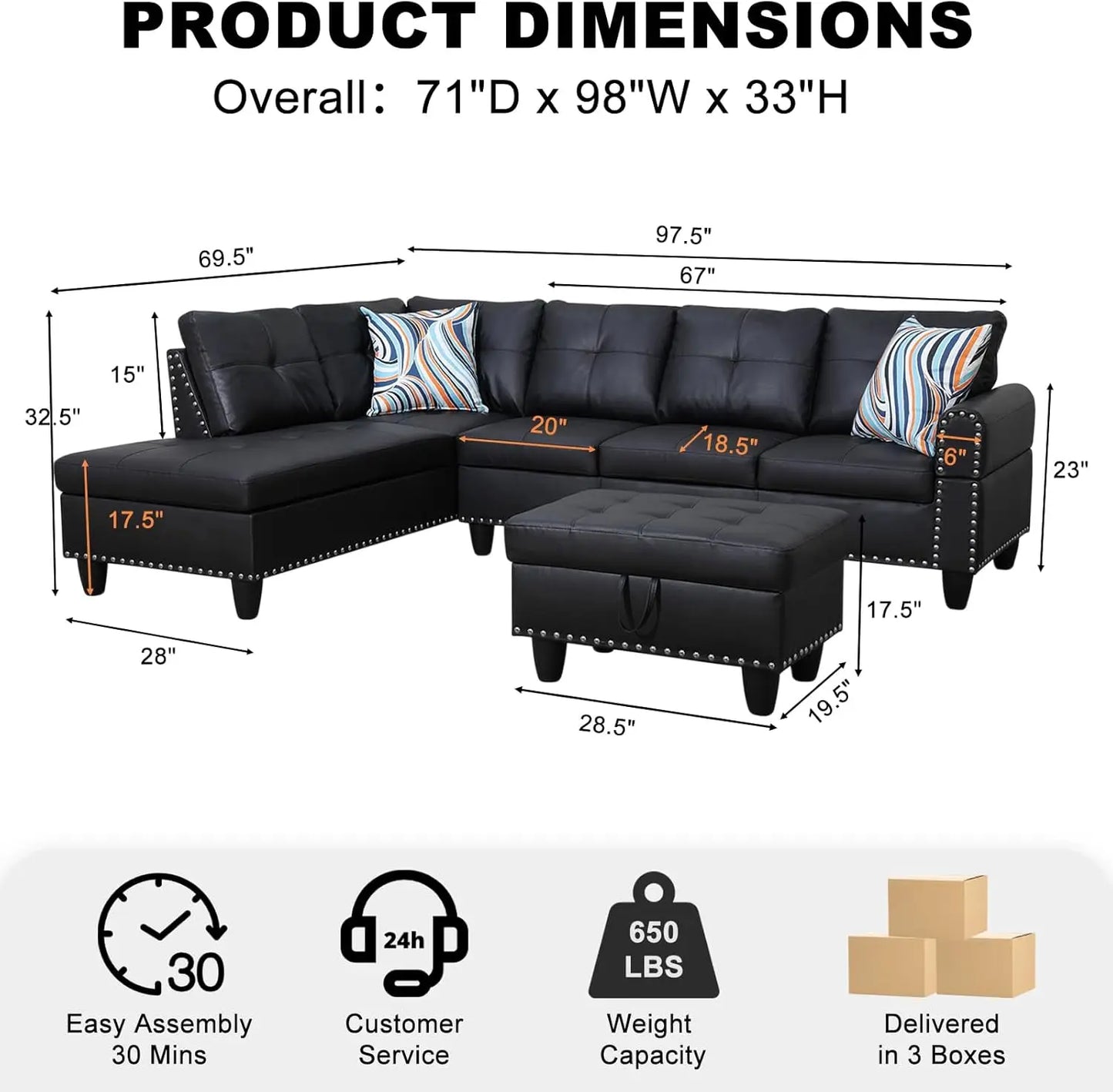 Sectional Sofa Couch, Modern 4-Seaters Living Room Furniture Sets with Chaise Lounge, Ottoman & 2 Pillows, Black