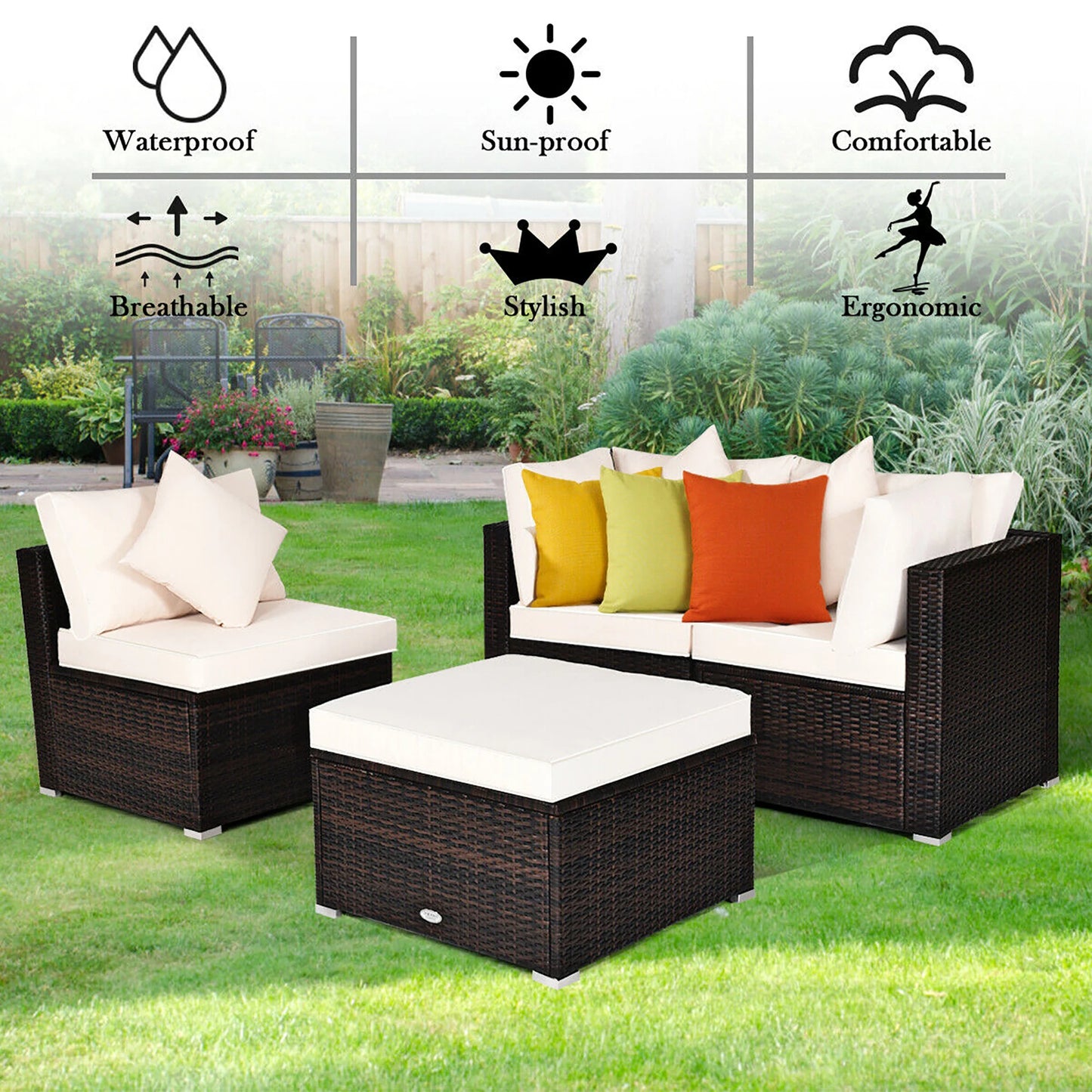4PCS Patio Rattan Wicker Sofa Furniture Set Cushioned Conversation Ottoman Set