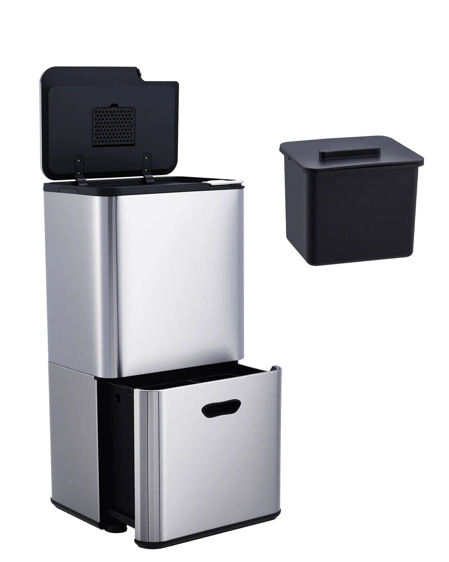 16 Gal Dual Trash Can for Kitchen with Compost Bin, 2 Compartment (33L + 28L) Stainless Steel Recycling Bin Combo, Garbage Can with Removable Inner Buckets for Home Office