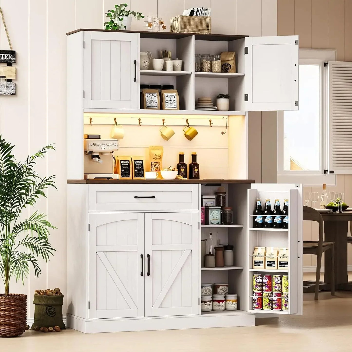 Kitchen Pantry Cabinet with LED Light And Outlet - Storage Hutch with Microwave Shelf And 6 Hooks for Kitchen Customized