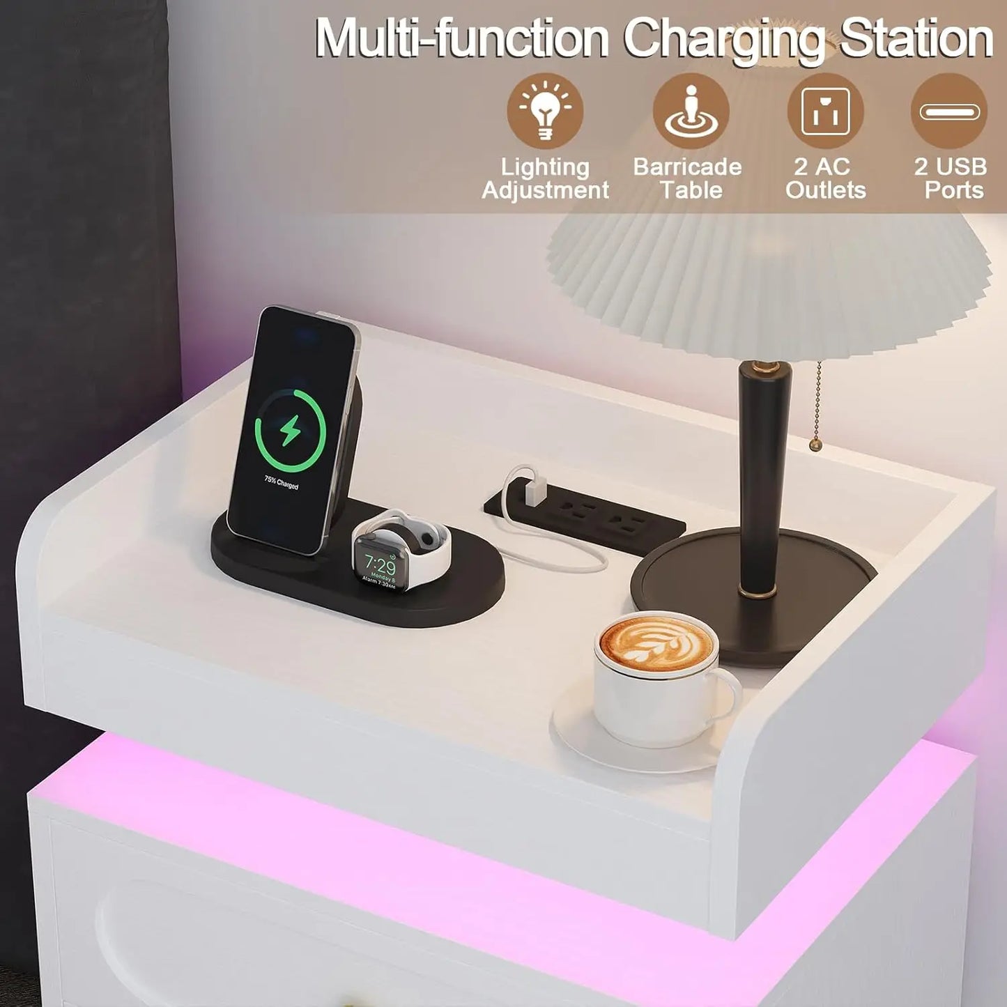 White Nightstand with Adjustable LED Lights and Charging Station Modern Bedside Table with 2 Drawers End Table for, Customized