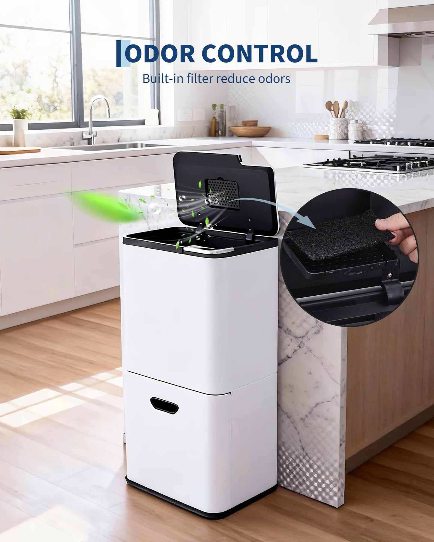 16 Gal Dual Trash Can for Kitchen with Compost Bin, 2 Compartment (33L + 28L) Stainless Steel Recycling Bin Combo, Garbage Can with Removable Inner Buckets for Home Office