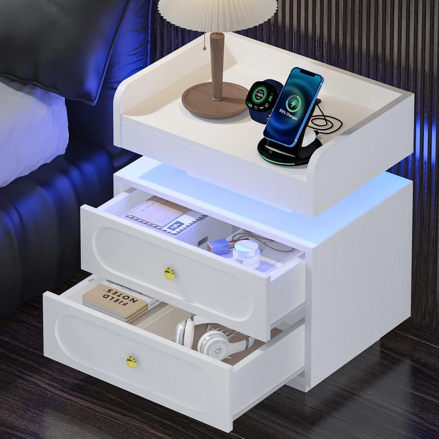 White Nightstand with Adjustable LED Lights and Charging Station Modern Bedside Table with 2 Drawers End Table for, Customized