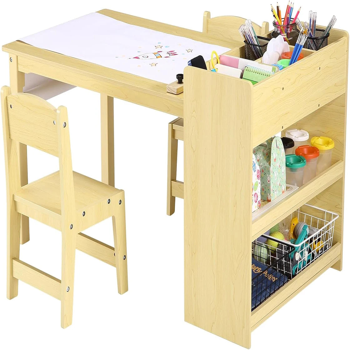Kids Art Table with 2 Chairs, Toddler Craft Play Wood Activity Desk with Large Storage Shelves for Children's Writing Drawing