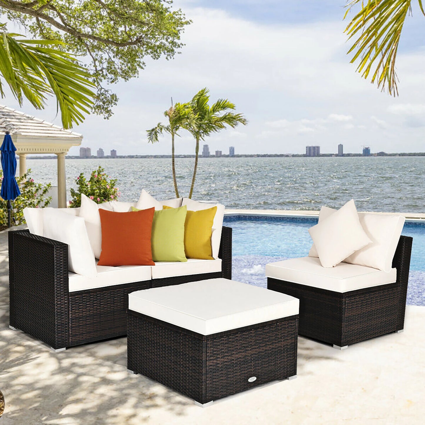 4PCS Patio Rattan Wicker Sofa Furniture Set Cushioned Conversation Ottoman Set