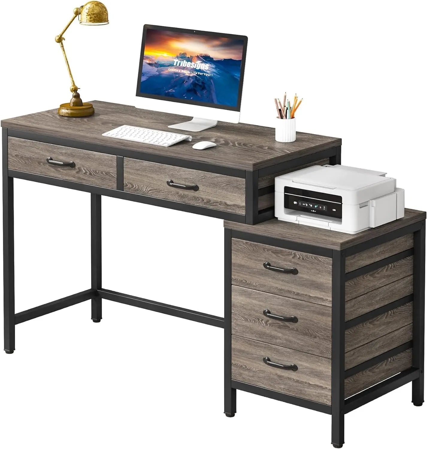 Computer Desk with 5 Drawers, Home Office Desks with Reversible Drawer Cabinet Printer Stand, Industrial PC Desk with Storage
