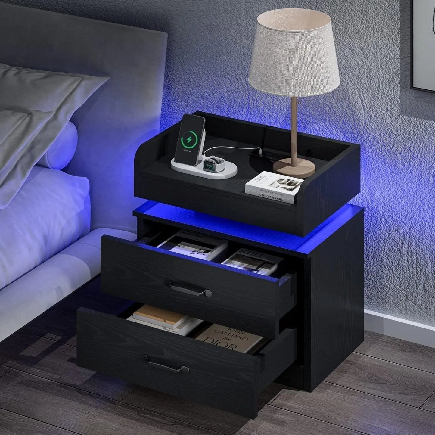 White Nightstand with Adjustable LED Lights and Charging Station Modern Bedside Table with 2 Drawers End Table for, Customized