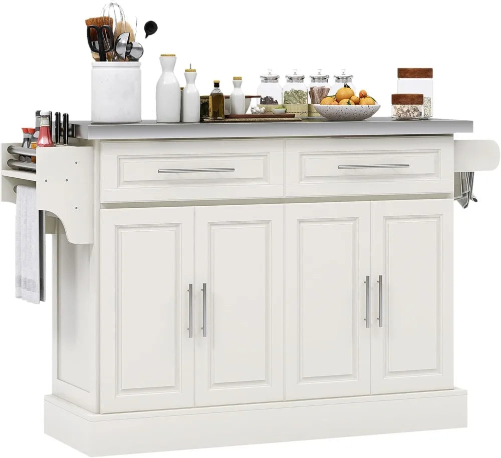 Rolling Kitchen Island Cart with Wheels, Portable Island Table for Kitchen with Stainless Steel Top, Adjustable Shelves
