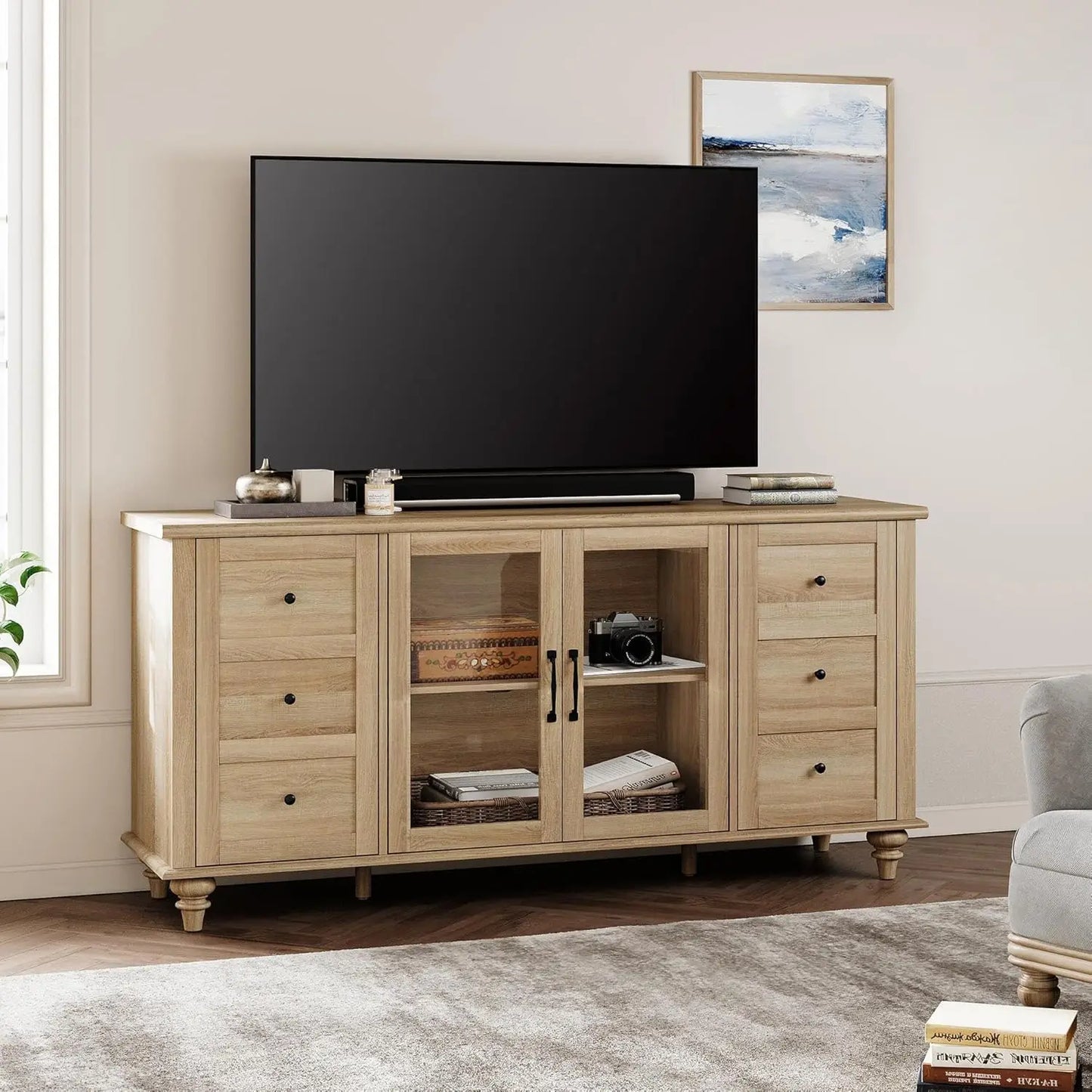Farmhouse TV Stand for TVs up to 65 Inch Wood Console Table with Storage Cabinets And Glass Door Entertainment Customized