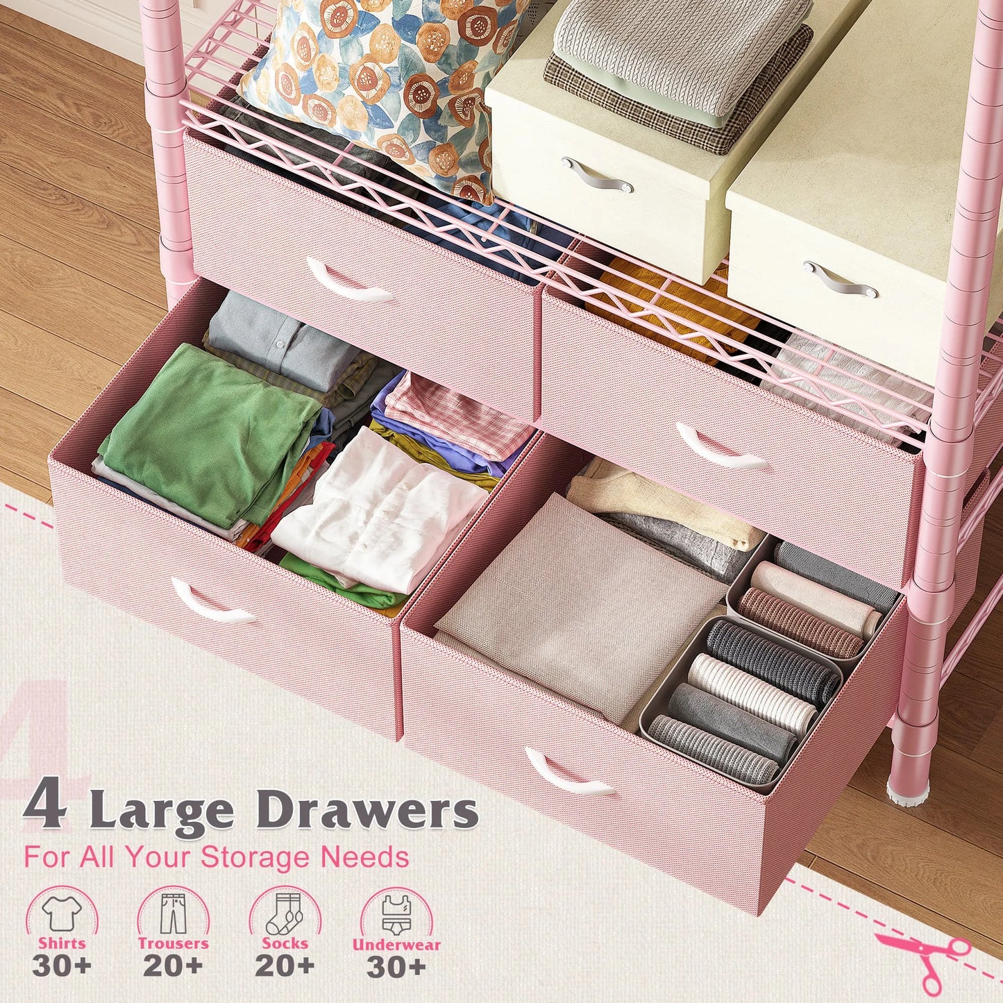 EnHomee Heavy Duty Portable Garment Rack – 4 Drawers & Shelves, Sturdy & Durable – Clothing Hanger for Hanging Clothes