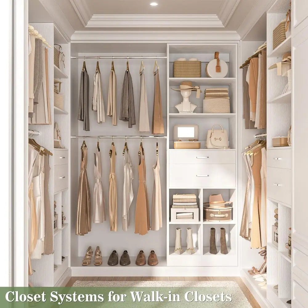 System, 48 FT Closet Organizer Tower with 2 Wooden Drawers and 5 Hanging Rods, Can Fit 60 to 96 inch Walkin Closet System, Whit