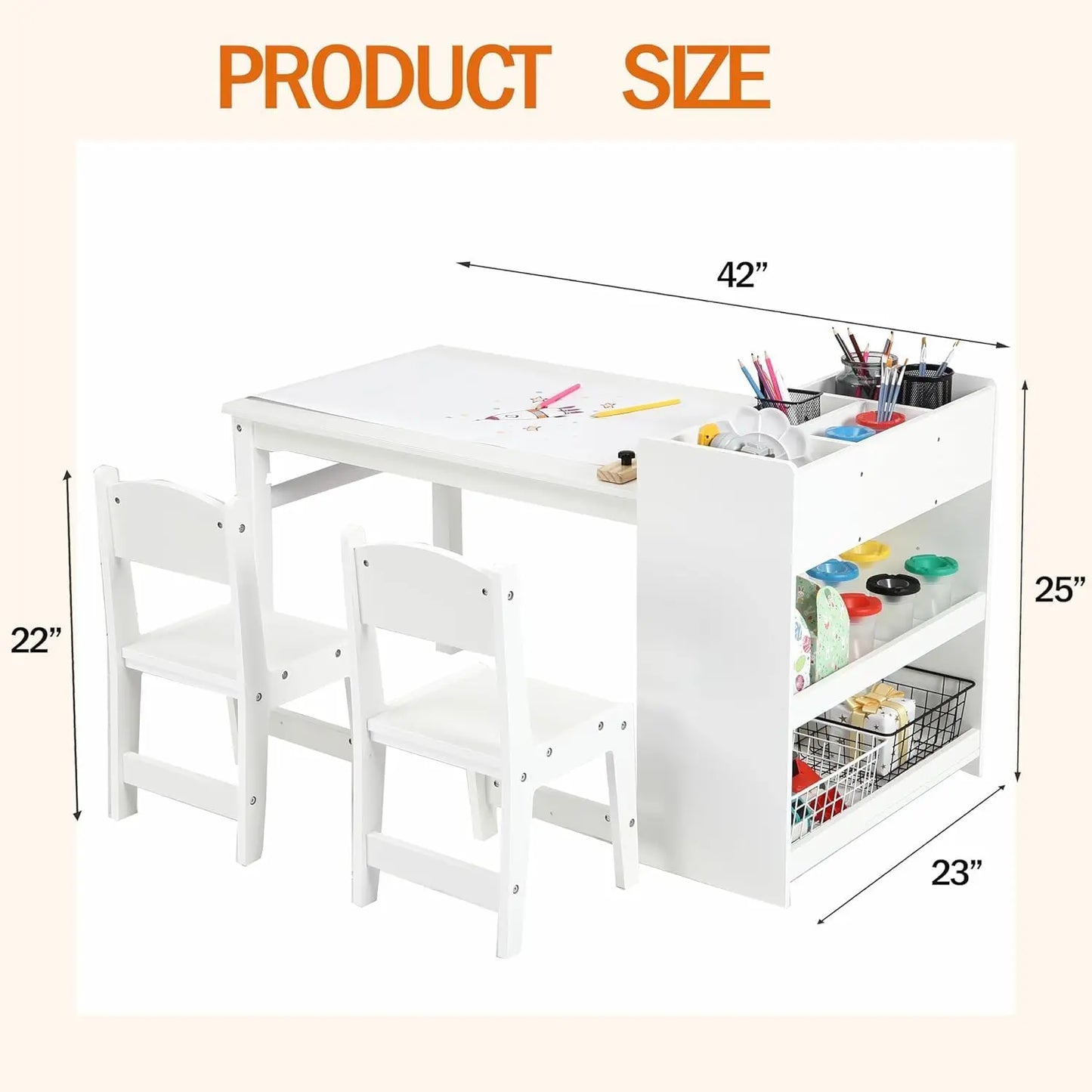 Kids Art Table with 2 Chairs, Toddler Craft Play Wood Activity Desk with Large Storage Shelves for Children's Writing Drawing