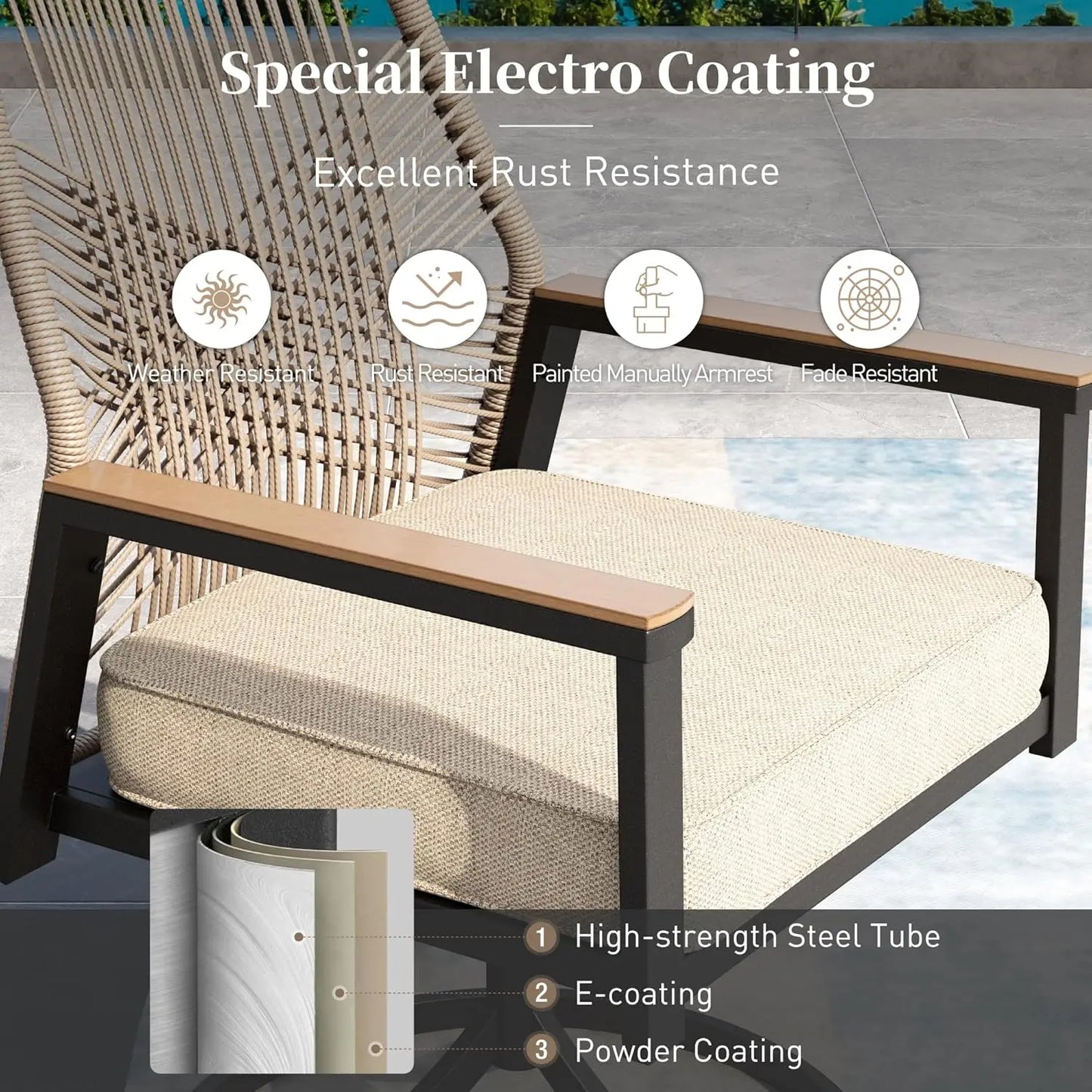 5 Pieces Patio Dining Set, 4 x Woven Rattan Chairs with Waterproof Cushion, 42” Metal Round Dining Table with, Customized