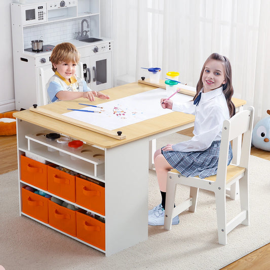Kids Art Table and 2 Chairs,Toddler Craft and Play Wood Activity Table with Storage Bins, Drawing Desk, Study Table & Crafts for