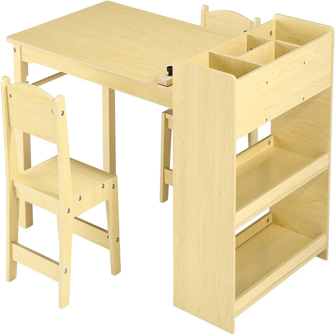Kids Art Table with 2 Chairs, Toddler Craft Play Wood Activity Desk with Large Storage Shelves for Children's Writing Drawing