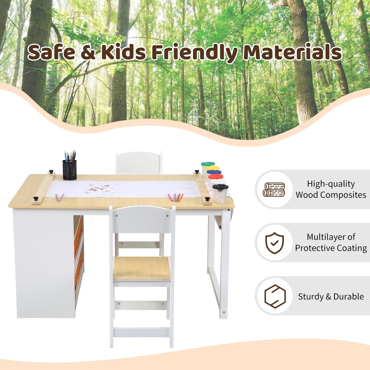 Kids Art Table and 2 Chairs,Toddler Craft and Play Wood Activity Table with Storage Bins, Drawing Desk, Study Table & Crafts for