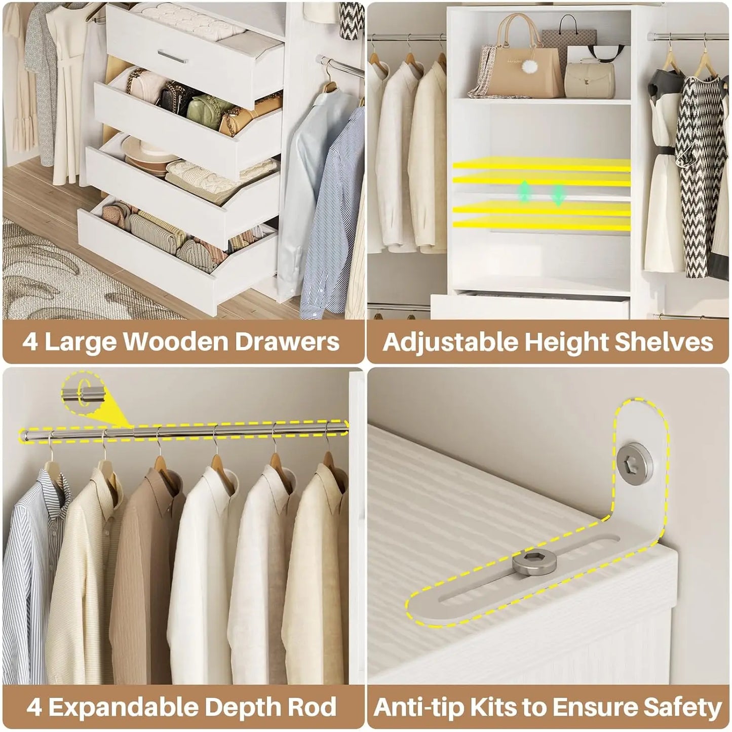 Closet System, 4-9Ft Closet Organizer with 4 Wooden Drawers, Wood Closet Organizer System with Tower, Walk-in, Customized