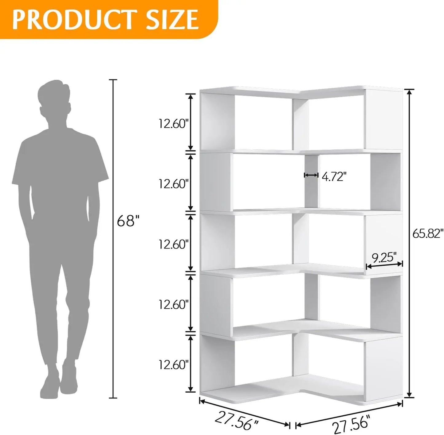 6-Tier L-Shaped Corner Bookshelf - 66" Tall Wooden Freestanding Bookcase with Open Shelf Units, White