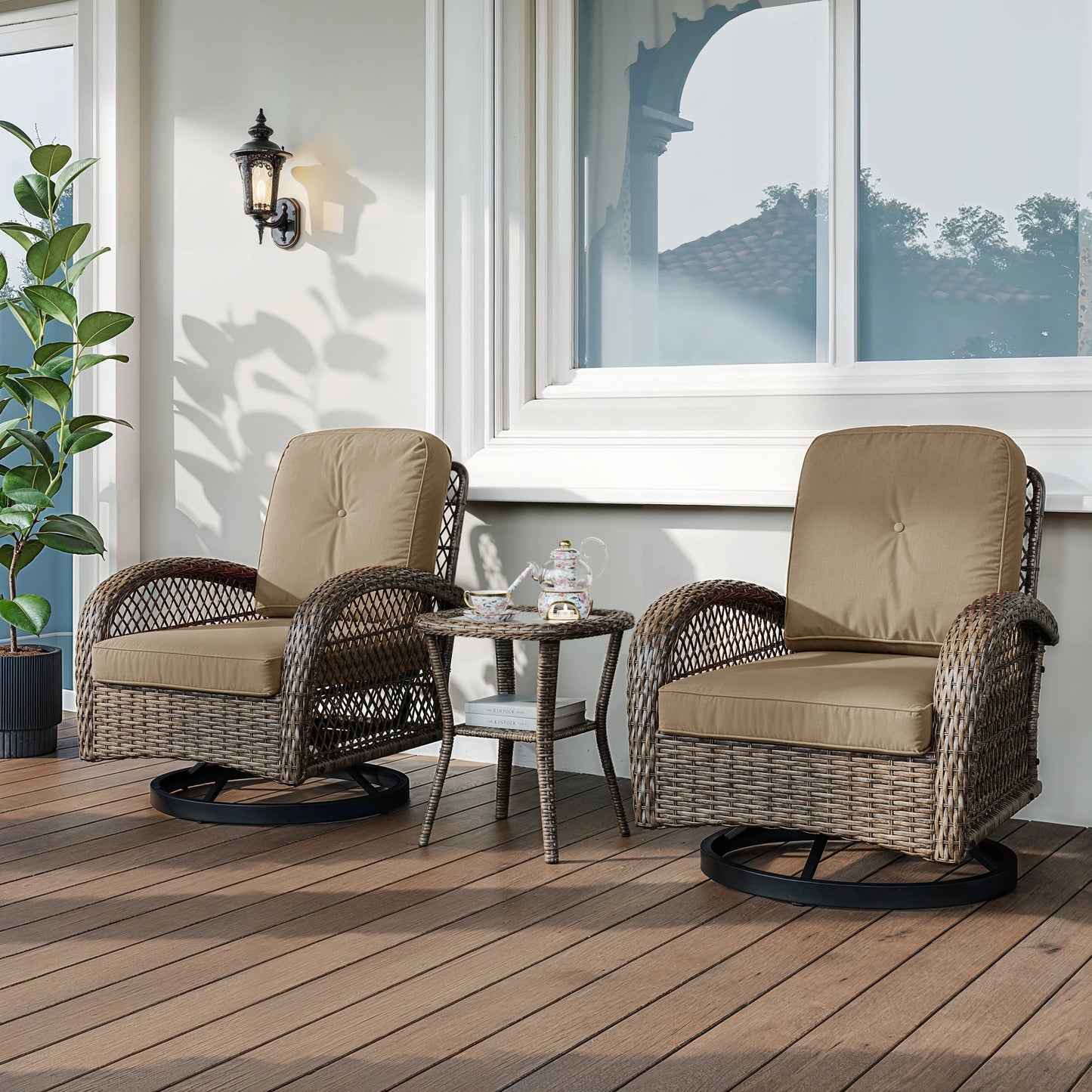 HOOMIC 3 Pieces Patio Furniture Set, Patio Bistro Set, Outdoor Rotating Rocking Chair Set, Cozy and Padded Cushions Alleiwe