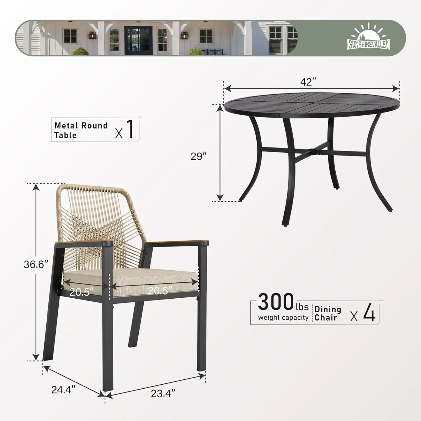 5 Pieces Patio Dining Set, 4 x Woven Rattan Chairs with Waterproof Cushion, 42” Metal Round Dining Table with, Customized