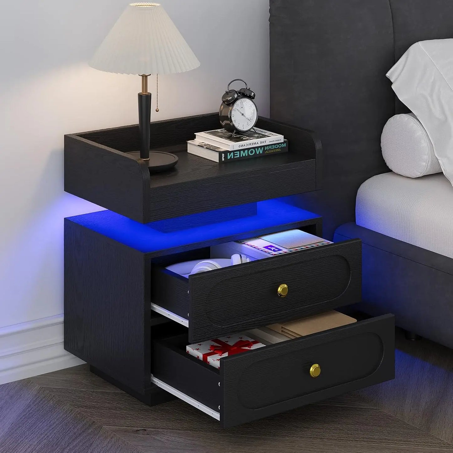 White Nightstand with Adjustable LED Lights and Charging Station Modern Bedside Table with 2 Drawers End Table for, Customized