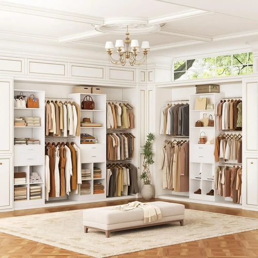 System, 48 FT Closet Organizer Tower with 2 Wooden Drawers and 5 Hanging Rods, Can Fit 60 to 96 inch Walkin Closet System, Whit
