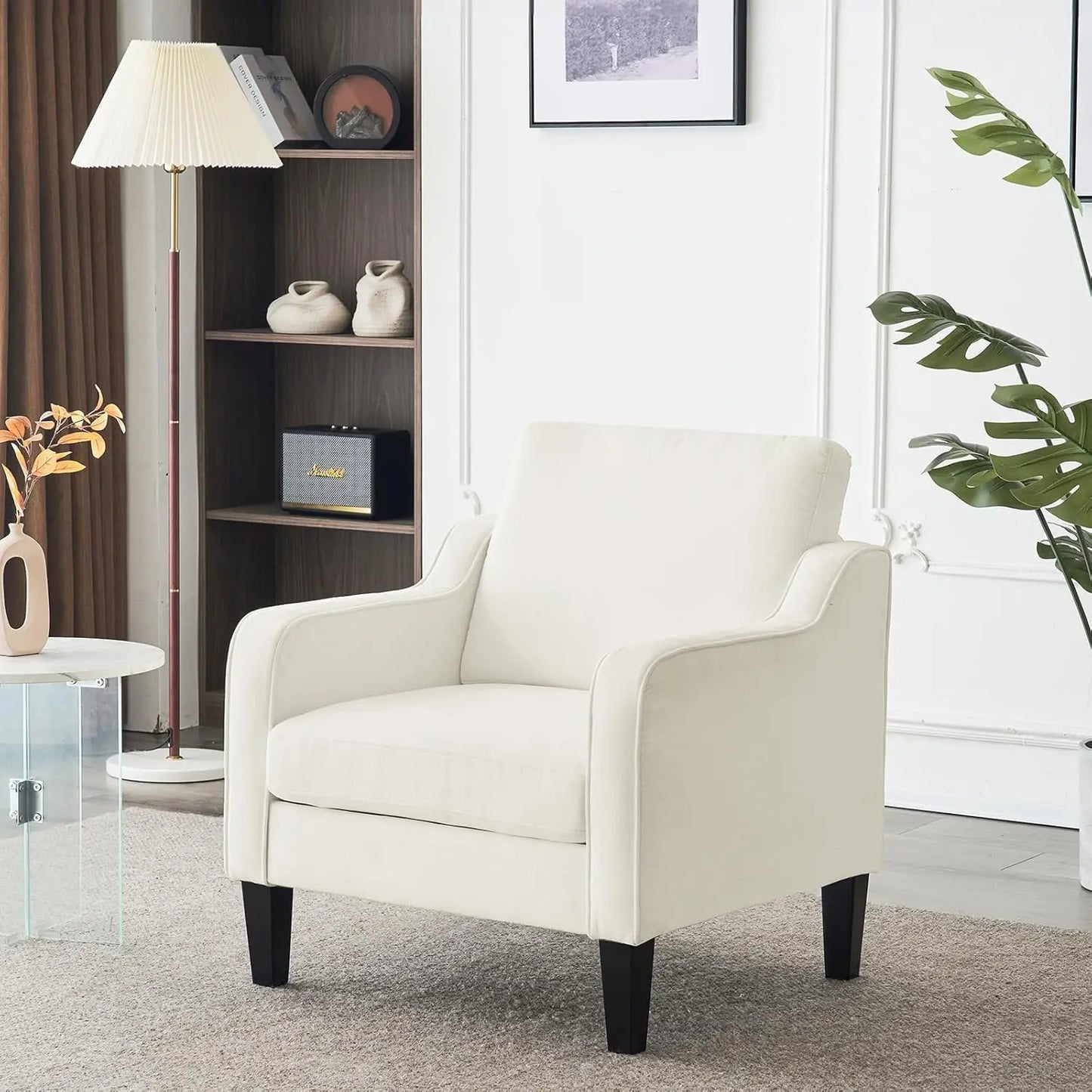 Mid Century Modern Accent Chair, Beige Fabric Accent Chairs for Living Room Upholstered Armchair Sofa with Scooped Arms