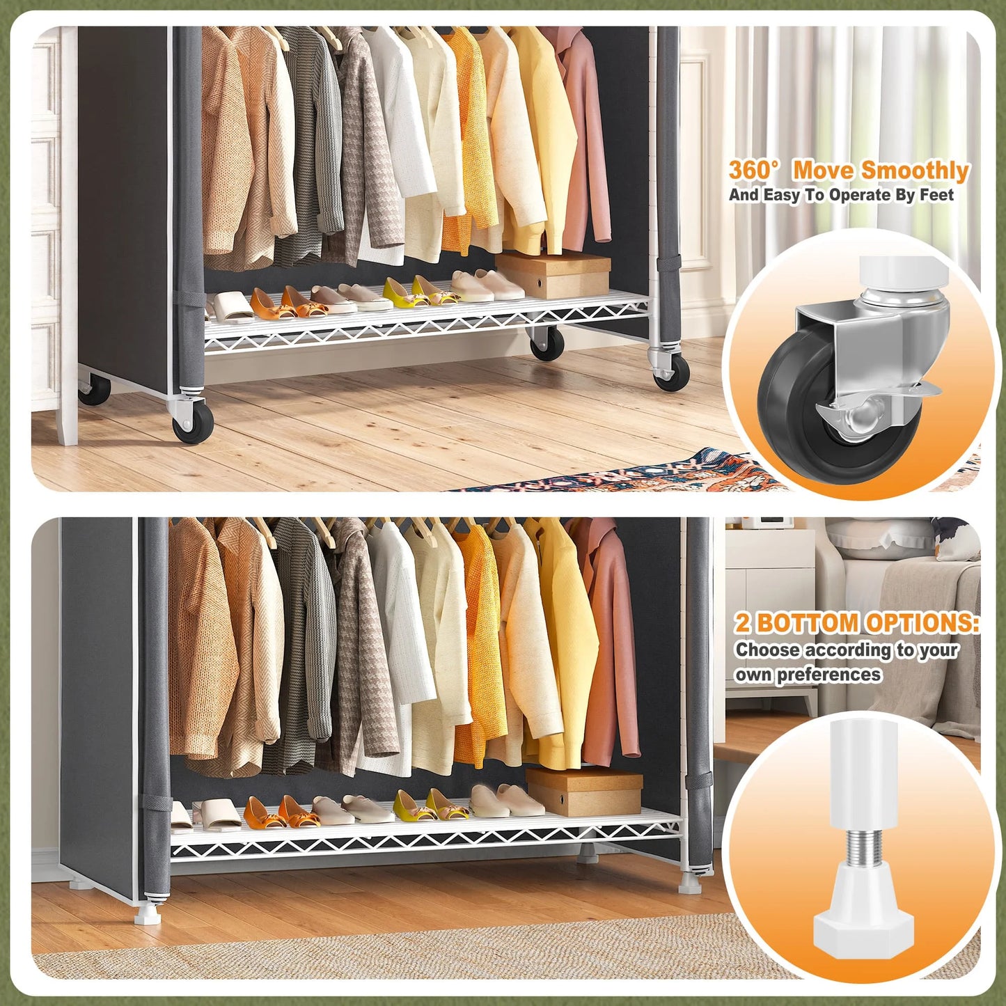 EnHomee 45"W Heavy Duty Garment Rack with Cover – Double Rod, Adjustable Shelves & Casters, 440 LBS – Portable Closet for Hanging Clothes