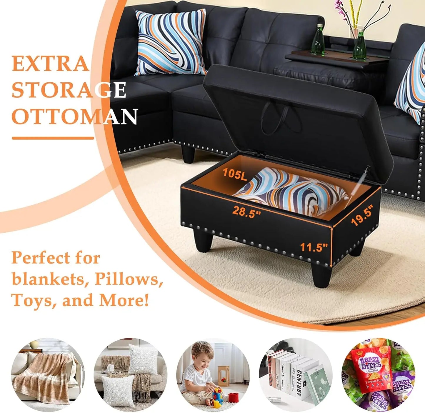 Sectional Sofa Couch, Modern 4-Seaters Living Room Furniture Sets with Chaise Lounge, Ottoman & 2 Pillows, Black